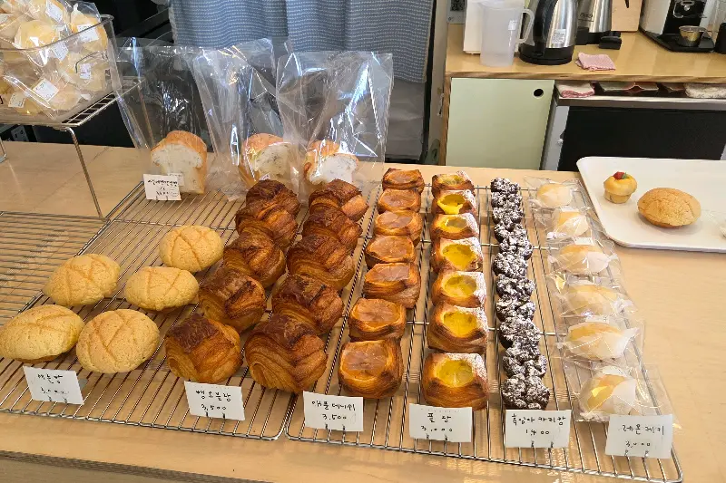 진열대에 놓인 다양한 빵들