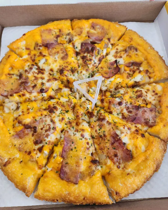 오지치즈포테이토 피자의 클로즈업 샷