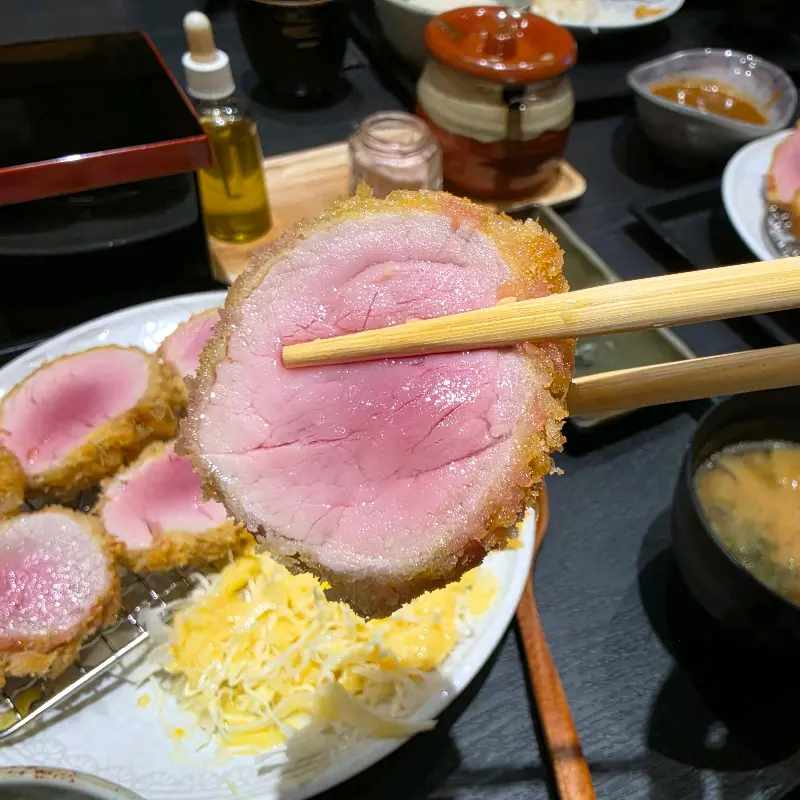 젓가락으로 집어 올린 흑심 히레카츠 단면의 촉촉함