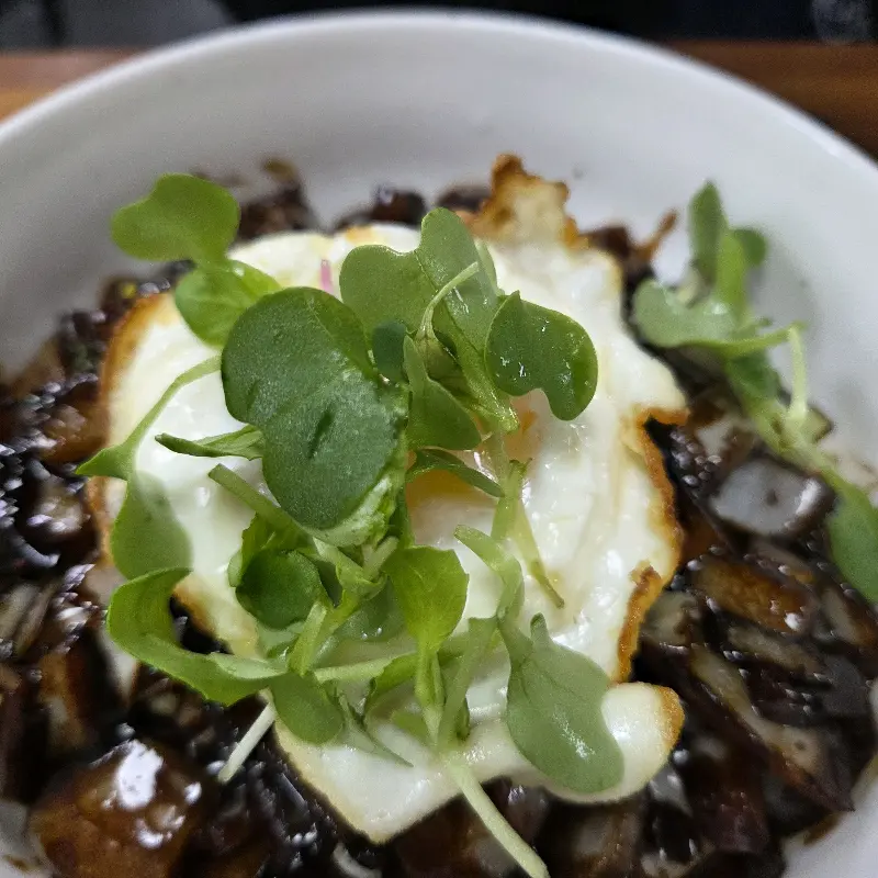 윤기가 흐르는 짜장면 위에 올려진 계란 프라이와 채소