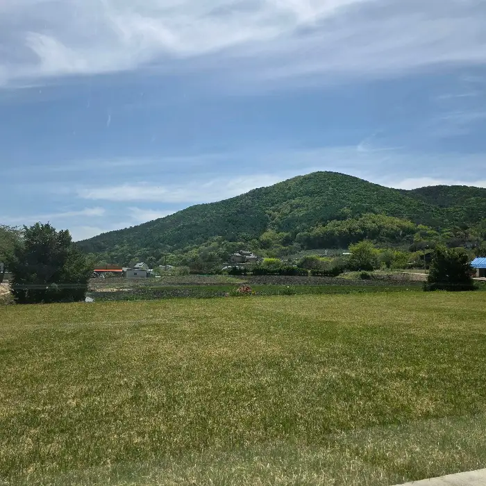 푸른 잔디밭과 멀리 보이는 산