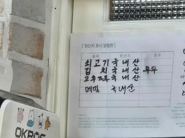 메뉴판에 표시된 국내산 재료