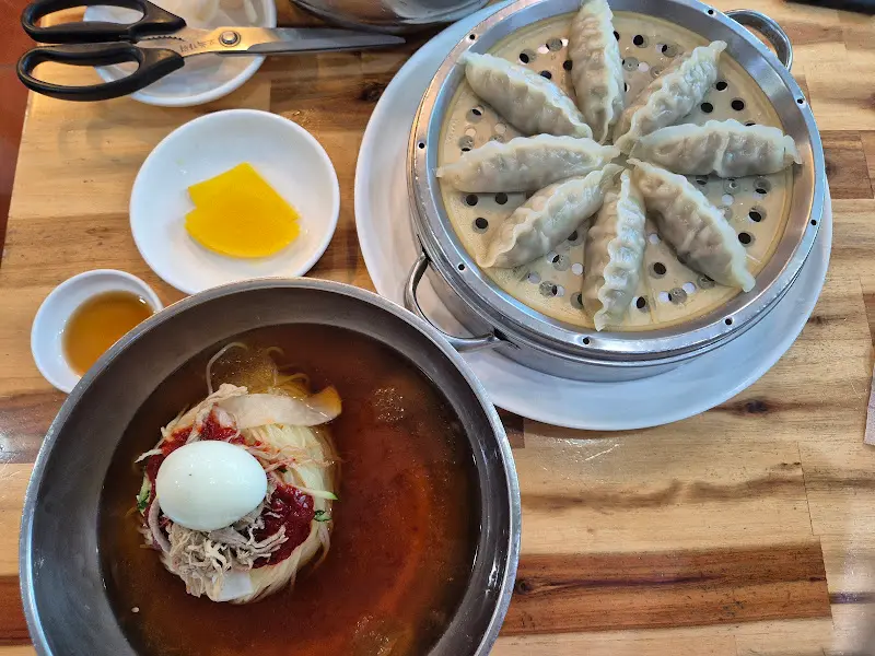 물밀면과 만두 전체 샷