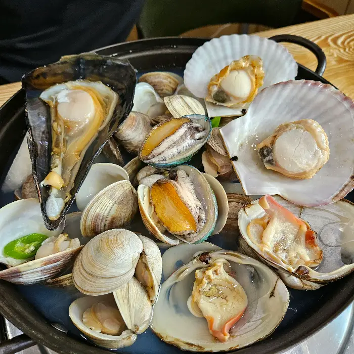 다양한 종류의 조개와 전복, 가리비