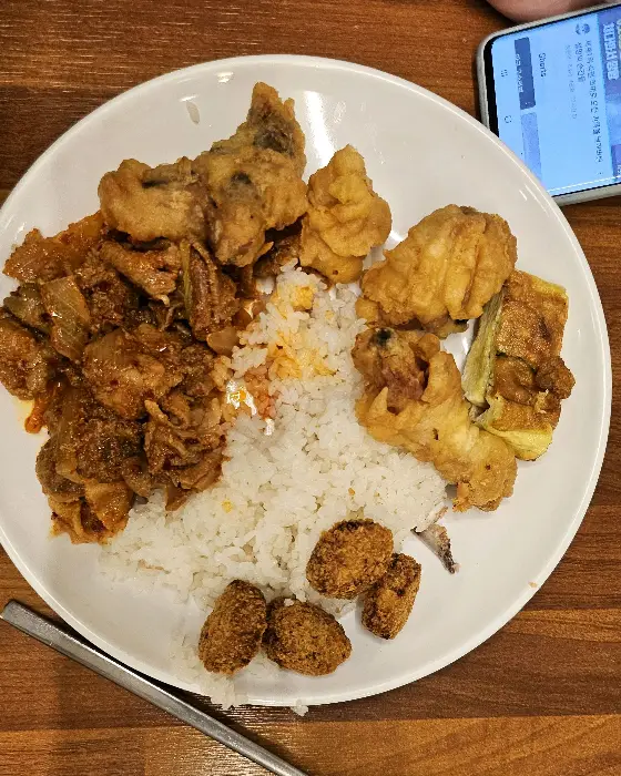 흰 쌀밥 위에 치킨, 제육볶음, 동그랑땡, 튀김 등이 푸짐하게 담긴 모습