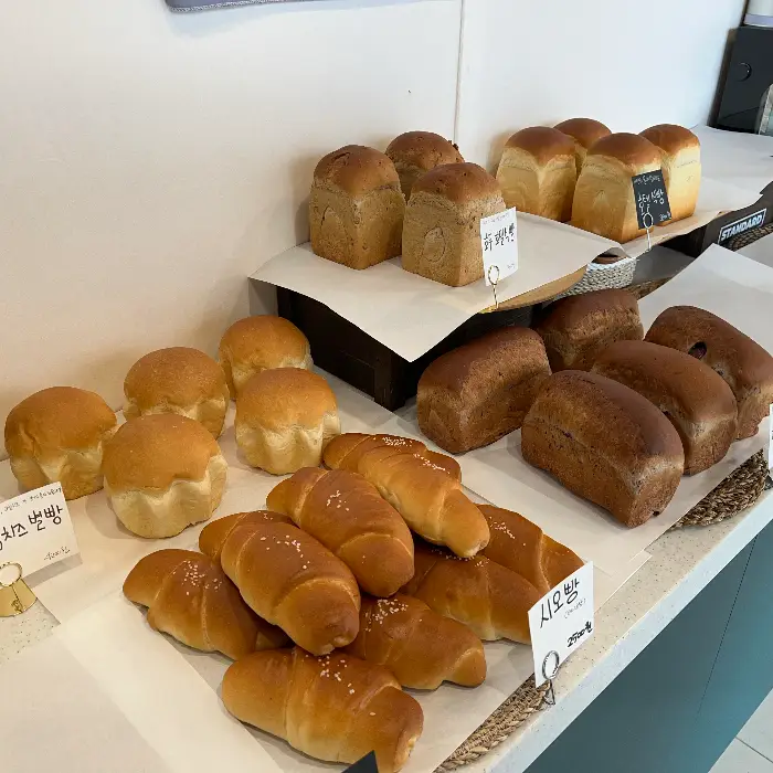 다양한 종류의 빵들이 진열된 모습