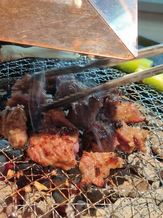 숯불 위에서 익어가는 고기 조각들