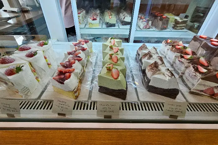 쇼케이스에 진열된 케이크 조각들