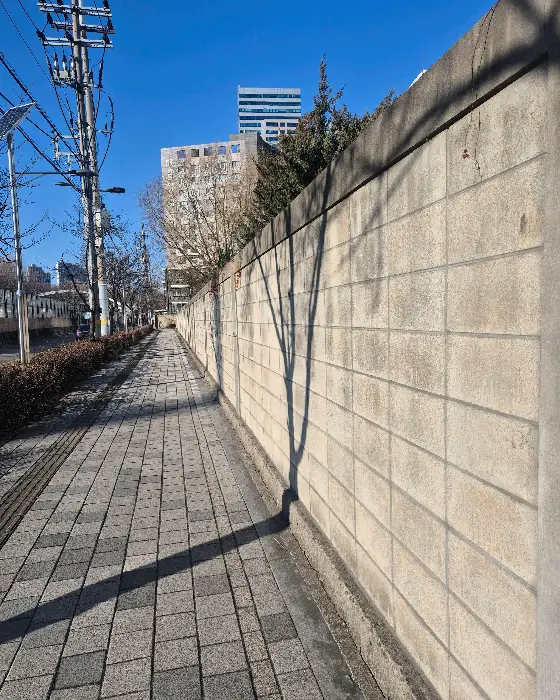카페 주변의 산책로와 담벼락
