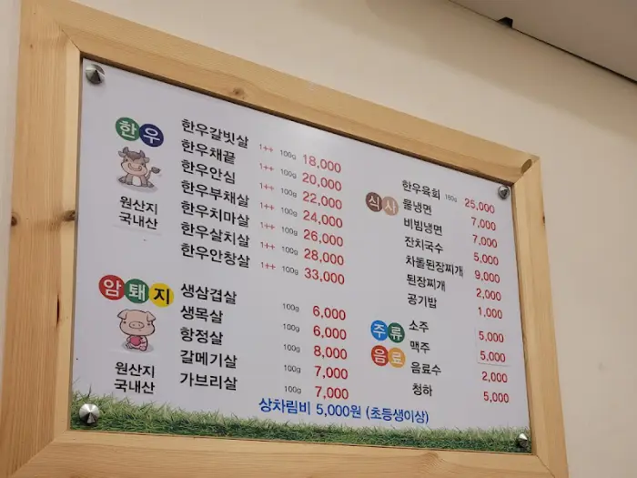 한우와 돼지고기 메뉴가 적힌 메뉴판