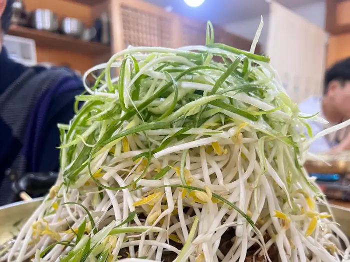 파불고기 위의 신선한 대파와 숙주