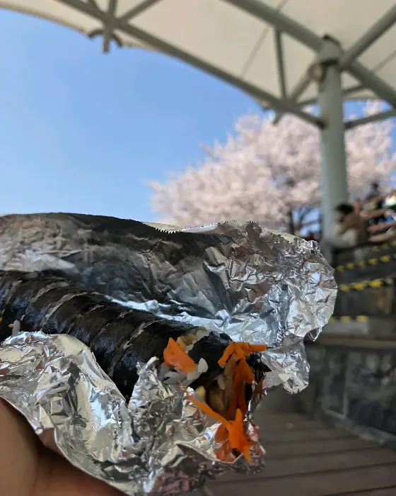 손에 들고 있는 김밥의 일부가 보입니다. 김밥 속이 일부 노출되어 있습니다.