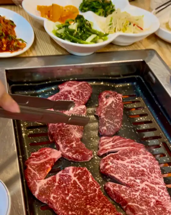 잘 달궈진 불판 위에 올라간 신선한 생고기들