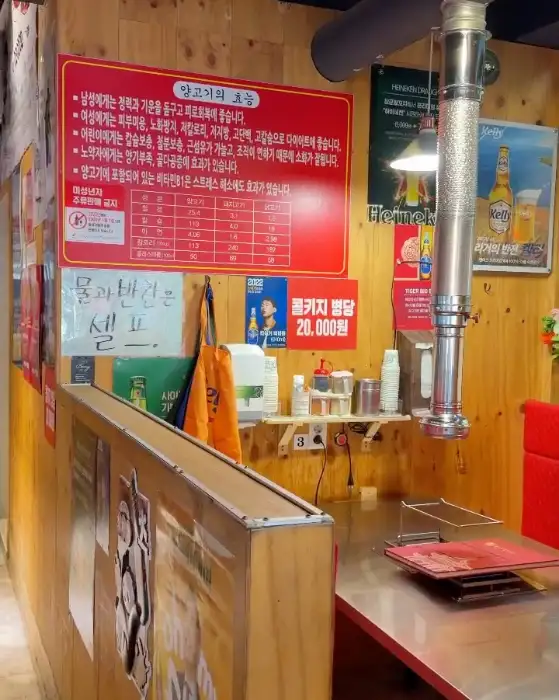 가게 내부 벽에 걸린 메뉴판 및 가격표