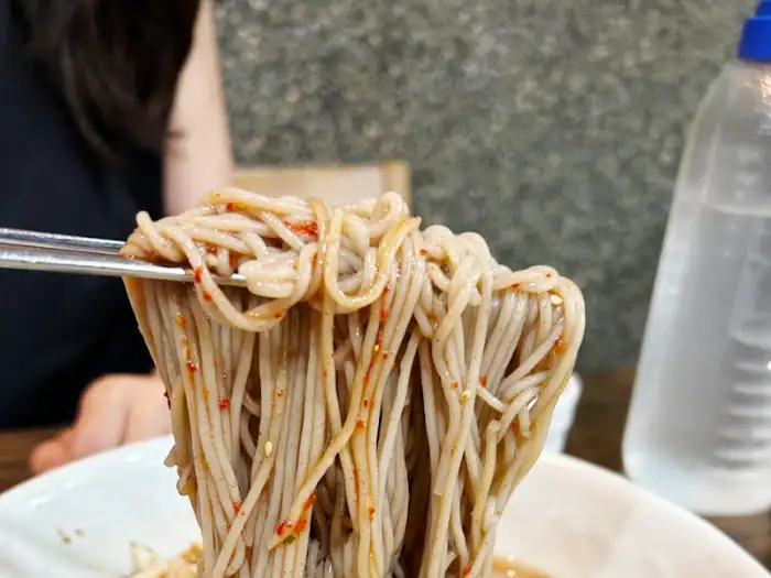 젓가락으로 집어 올린 메밀면의 쫄깃한 식감
