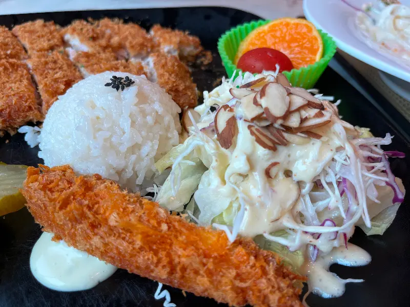돈까스, 밥, 샐러드, 새우튀김이 한 접시에 담겨 있는 모습