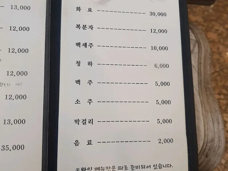 봉용불고기 메뉴판