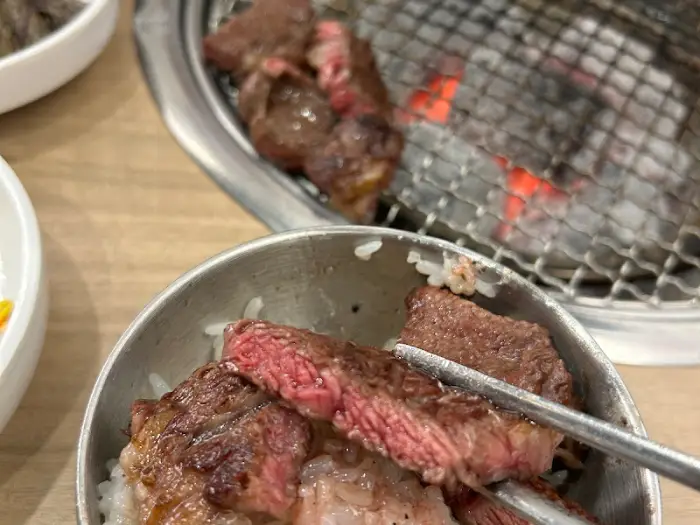 밥 위에 올라간 맛있는 고기