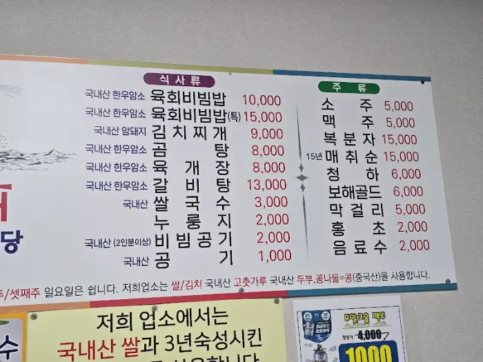 메뉴판 일부 (식사류, 주류)