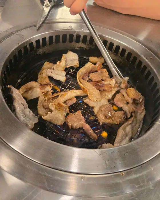 숯불 위에서 구워지고 있는 여러 조각의 고기