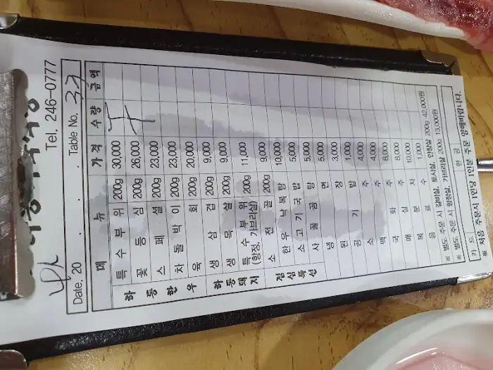 축산기업하동식육식당 메뉴판