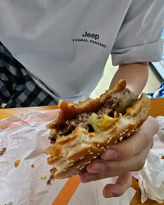 손에 들린 먹음직스러운 햄버거의 모습