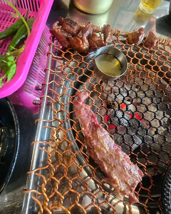 숯불 위에서 익어가고 있는 고기 꼬치와 삼겹살. 숯불의 붉은 열기가 고기를 감싸며 먹음직스럽게 구워지고 있다.