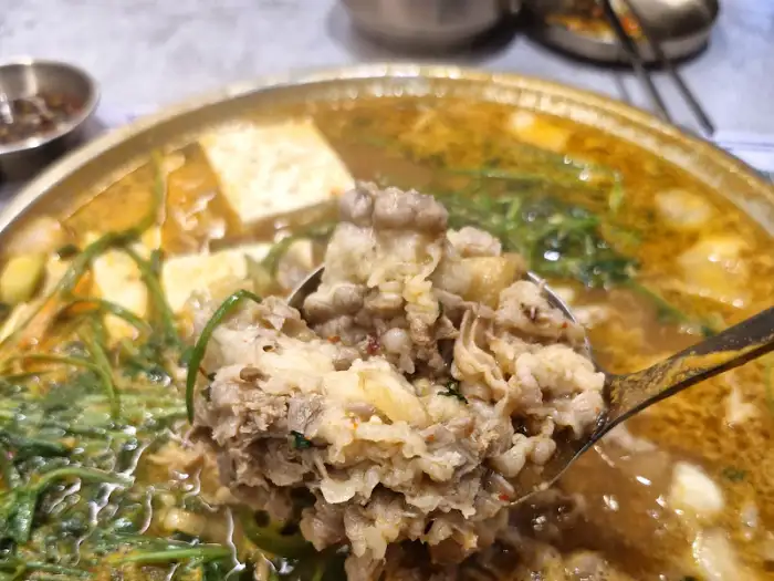 국물과 함께 떠낸 부드러운 수육