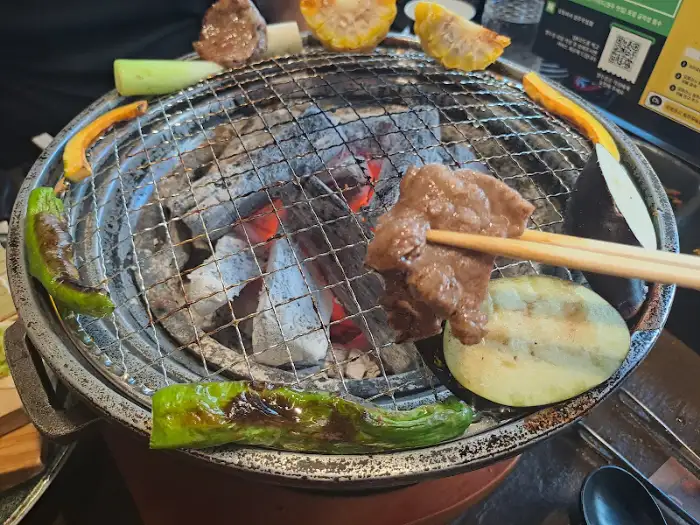 젓가락으로 집어든 고기 한 점
