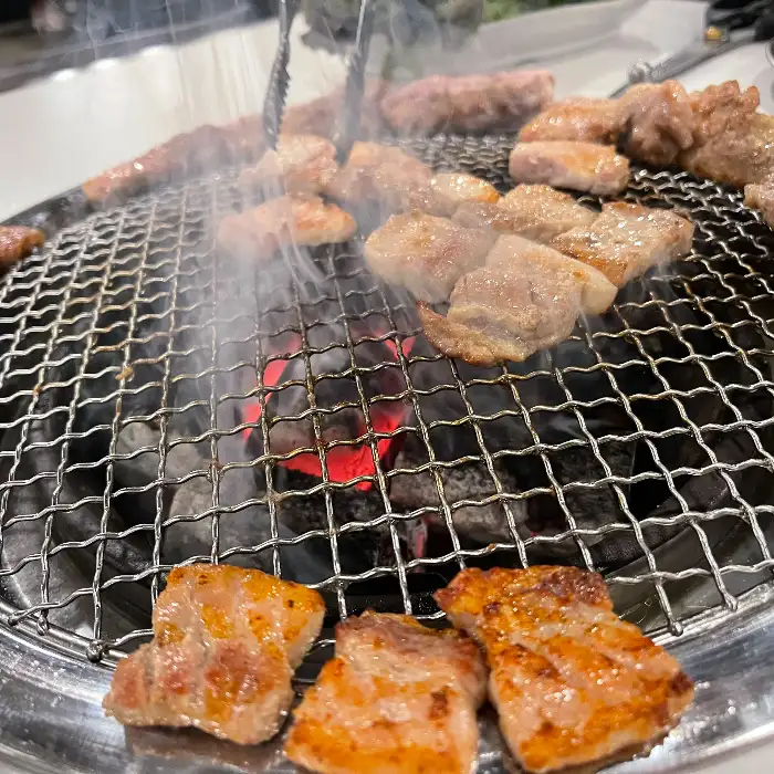 숯불 위에서 맛있게 익어가고 있는 고기 조각들