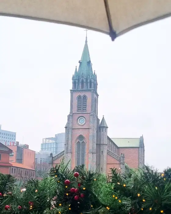 눈 내린 명동성당 전경