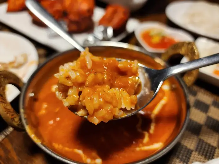 따뜻한 밥 위에 얹어진 진한 인도 커리