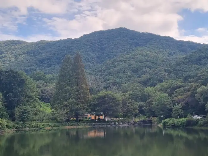 카페에서 보이는 저수지와 산의 풍경