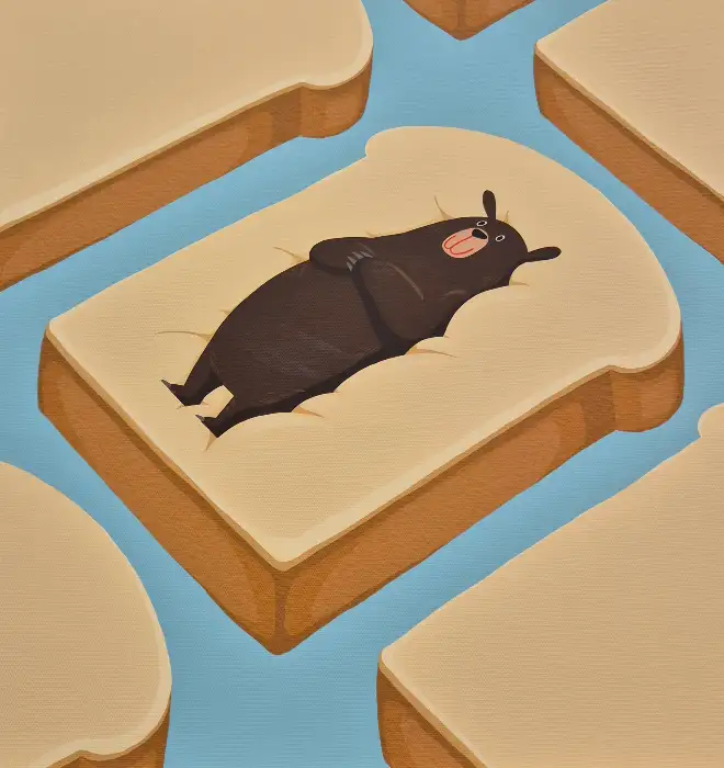 곰돌이가 식빵 위에서 누워있는 귀여운 그림