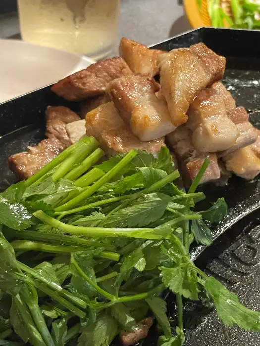 신선한 야채와 함께 나온 구운 고기