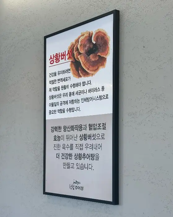 상황버섯 효능 및 추어탕에 대한 설명이 담긴 안내문