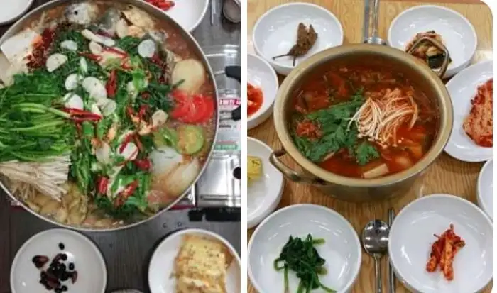 커다란 냄비에 푸짐하게 담긴 메기매운탕 재료들이 보입니다.