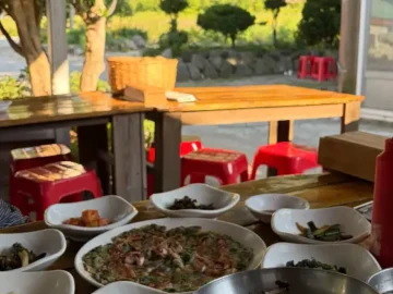 울릉 산마을식당 테이블에 차려진 산채비빔밥과 각종 나물 반찬