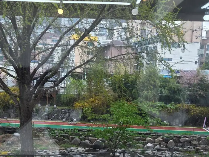창밖으로 보이는 홍제천 풍경과 푸릇한 나무