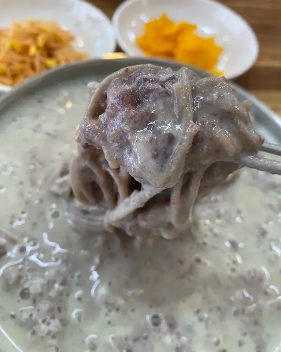 숟가락으로 뜨 올린 콩국수 면발