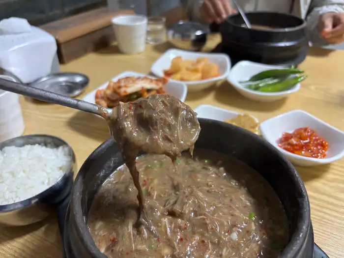 숟가락으로 떠낸 우진해장국의 고사리육개장