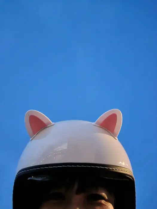 귀여운 고양이 귀 모양 헬멧을 쓴 사람