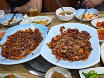 삼합홍어랑돼지랑 테이블 위 푸짐한 홍어삼합 한상
