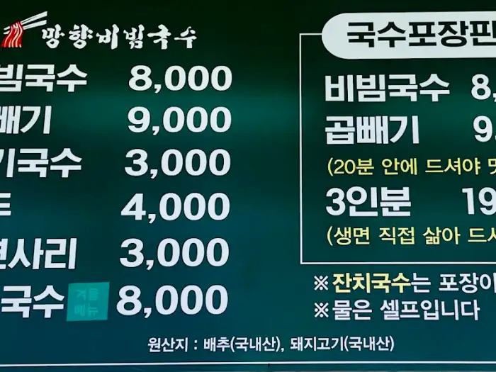 망향비빔국수 본점의 비빔국수 클로즈업, 고명과 양념이 돋보이는 모습
