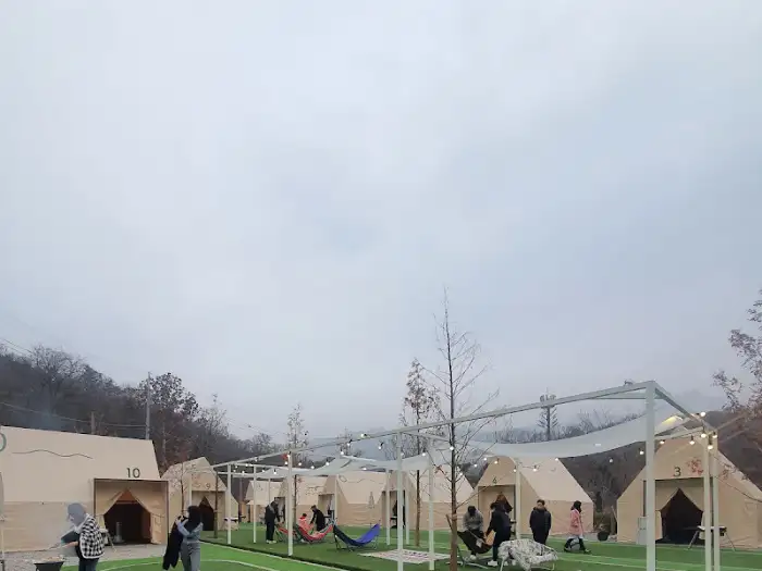 다양한 텐트가 설치된 무수아취 캠핑장 전경