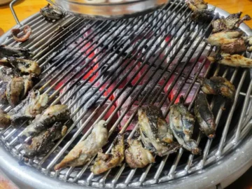 양구 장수오골계 숯불구이 숯불 위에서 익어가는 오골계